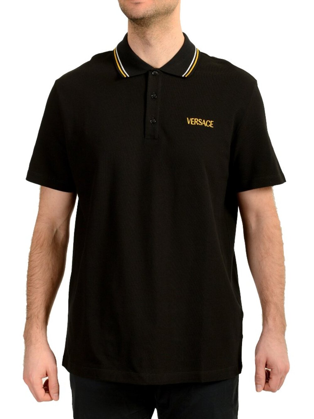 Versace Men's Gold Logo Embroidery Black Short Sleeve Polo Shirt US 2XL IT 56